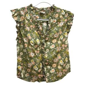 Elan Floral Ruffle Trim Sleeveless Top Blouse Size S Green Pink White